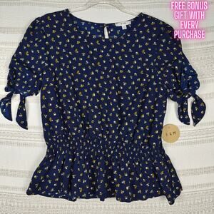 E&M Navy Blue Floral Blouse Puff Sleeve Tie Detail Top Size XL NWT